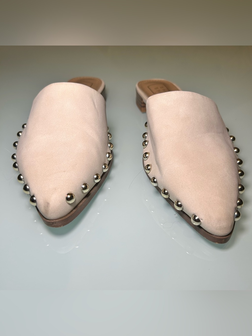 ShuShop Alaska Ivory Bone Studded Pointed Toe Mules | Slip-On Flats Neutral Chic - Picture 3 of 6